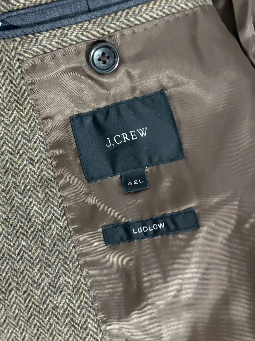J. Crew Ludlow Men’s 42L Tan Herringbone Pattern Wool Blazer Suit Academia